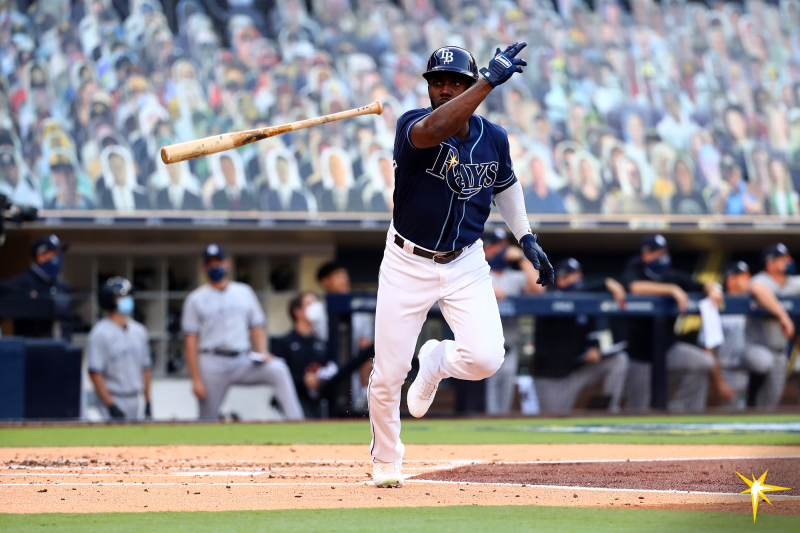 Randy Arozarena of Tampa Bay Rays seen throwing his bat